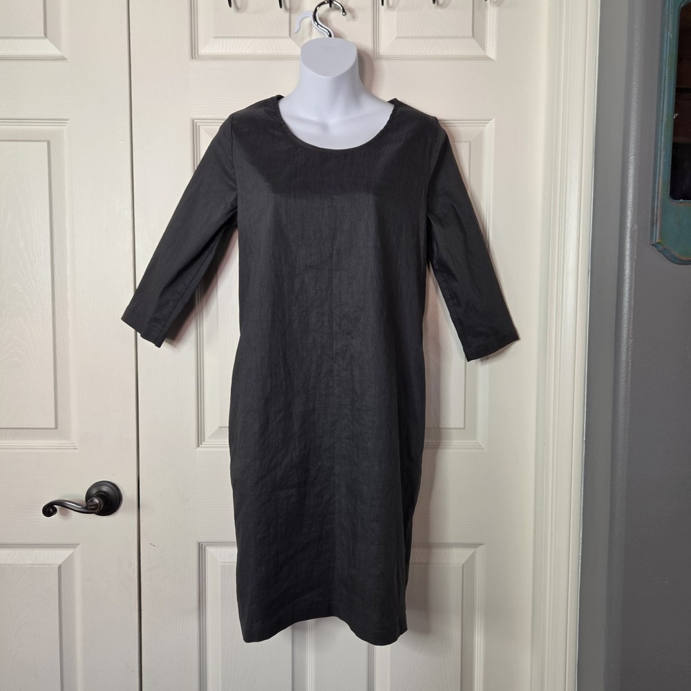 Sarah Pacini Gray Linen Blend 3/4 Sleeve Shift Dress Stretchy Minimalist Size 2